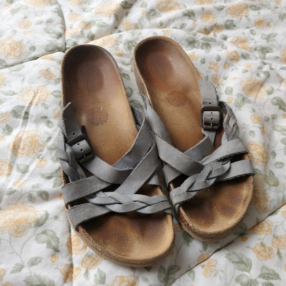 A. Giannetti Gray Leather Braided Strappy Buckle Cork Footbed Slide Sandals 8